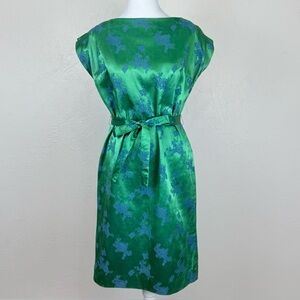 Vintage 1950s Emerald Green & Blue Asian Satin Brocade Wiggle Dress S 4 - 6